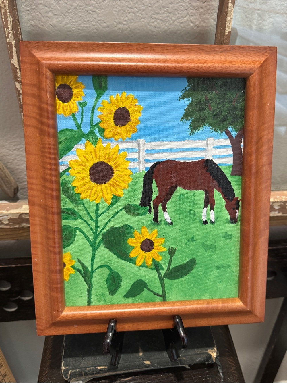 Sunflower & Horse Framed Canvas Wall Art - Brown